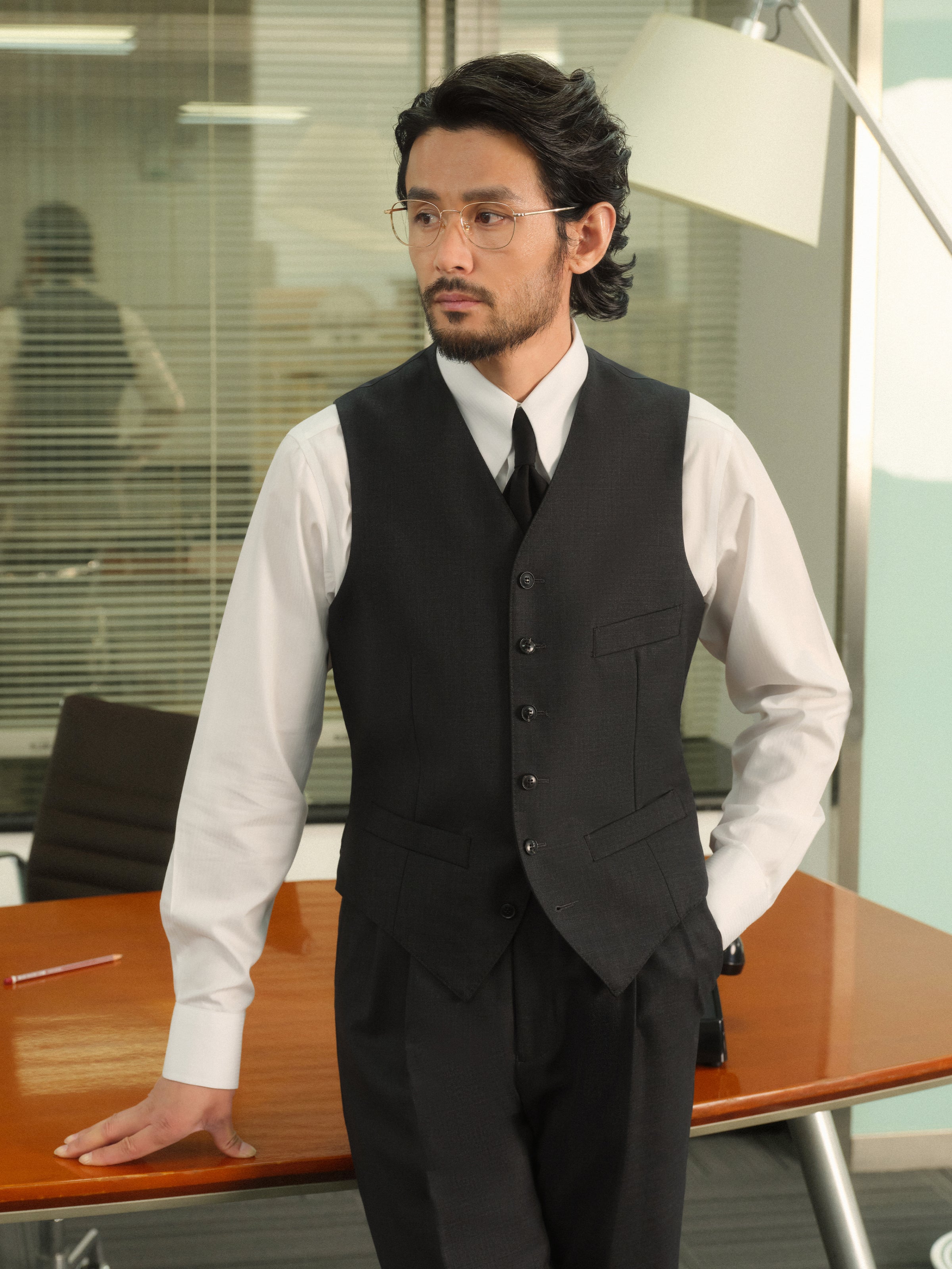 Non-Iron Australian Merino Wool Blend Twill Seersucker Single-Breasted Collarless Vest