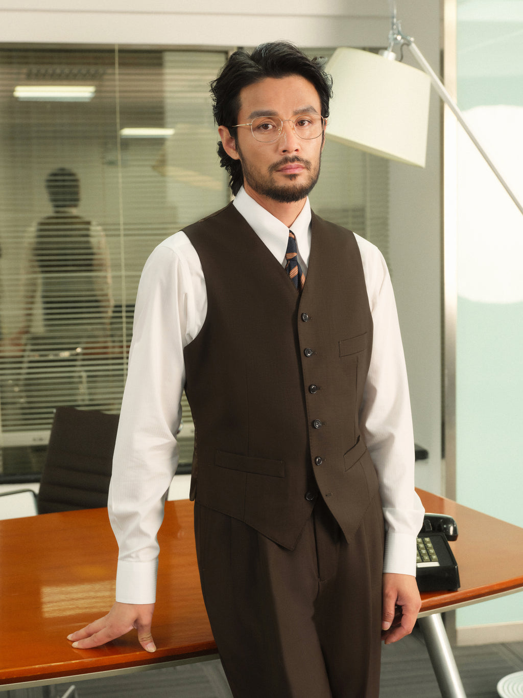 Non-Iron Australian Merino Wool Blend Twill Seersucker Single-Breasted Collarless Vest