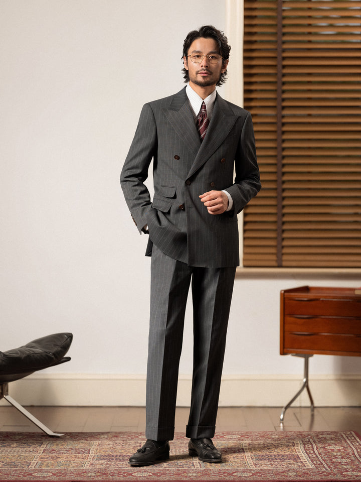 Men's Fine Australian Merino Wool Striped Double-Breasted Suit