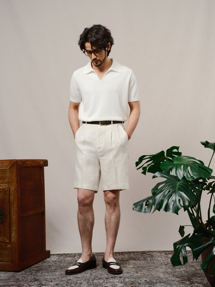 Off-White Normandy Linen Pleated Bermuda Shorts